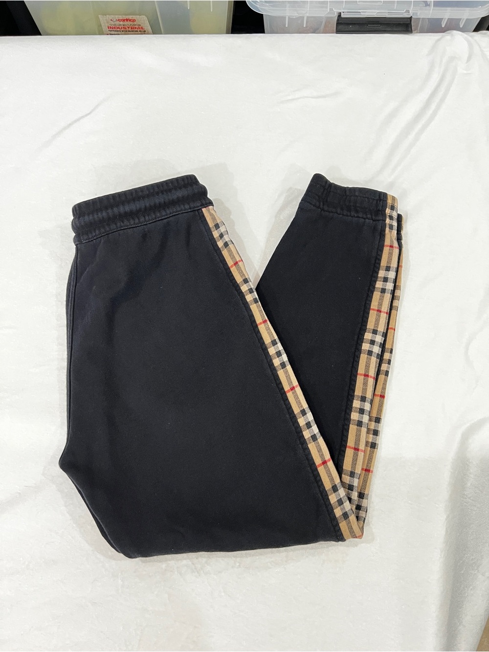 Burberry Terry Lined Joggers Pants Size Small Black Checkford Elastic Waist